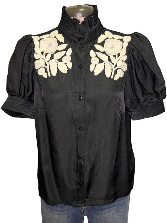 Ruffled Neck Embroidered Top Black