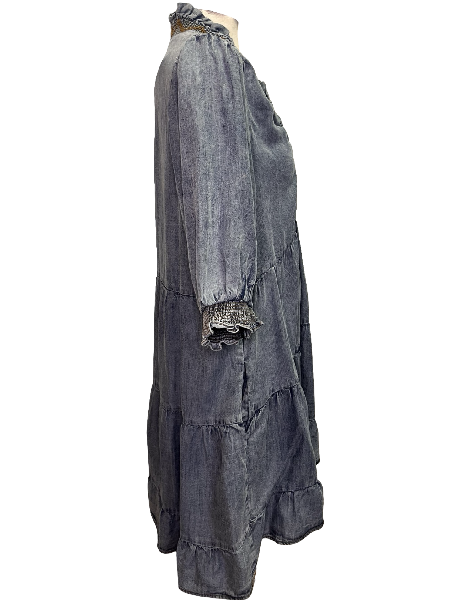 Tiered Skirt Short Sleeve Washed Denim Dress