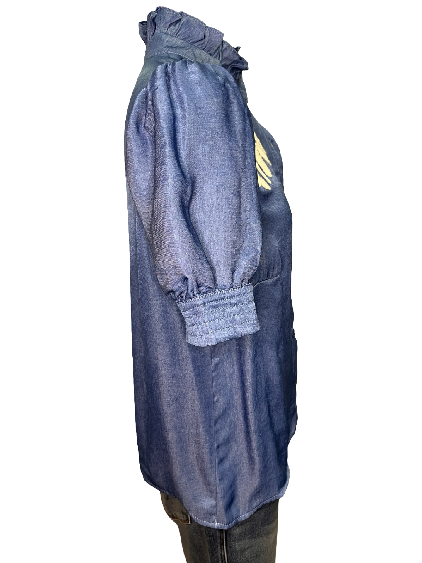 Ruffled Neck Embroidered Top Blue