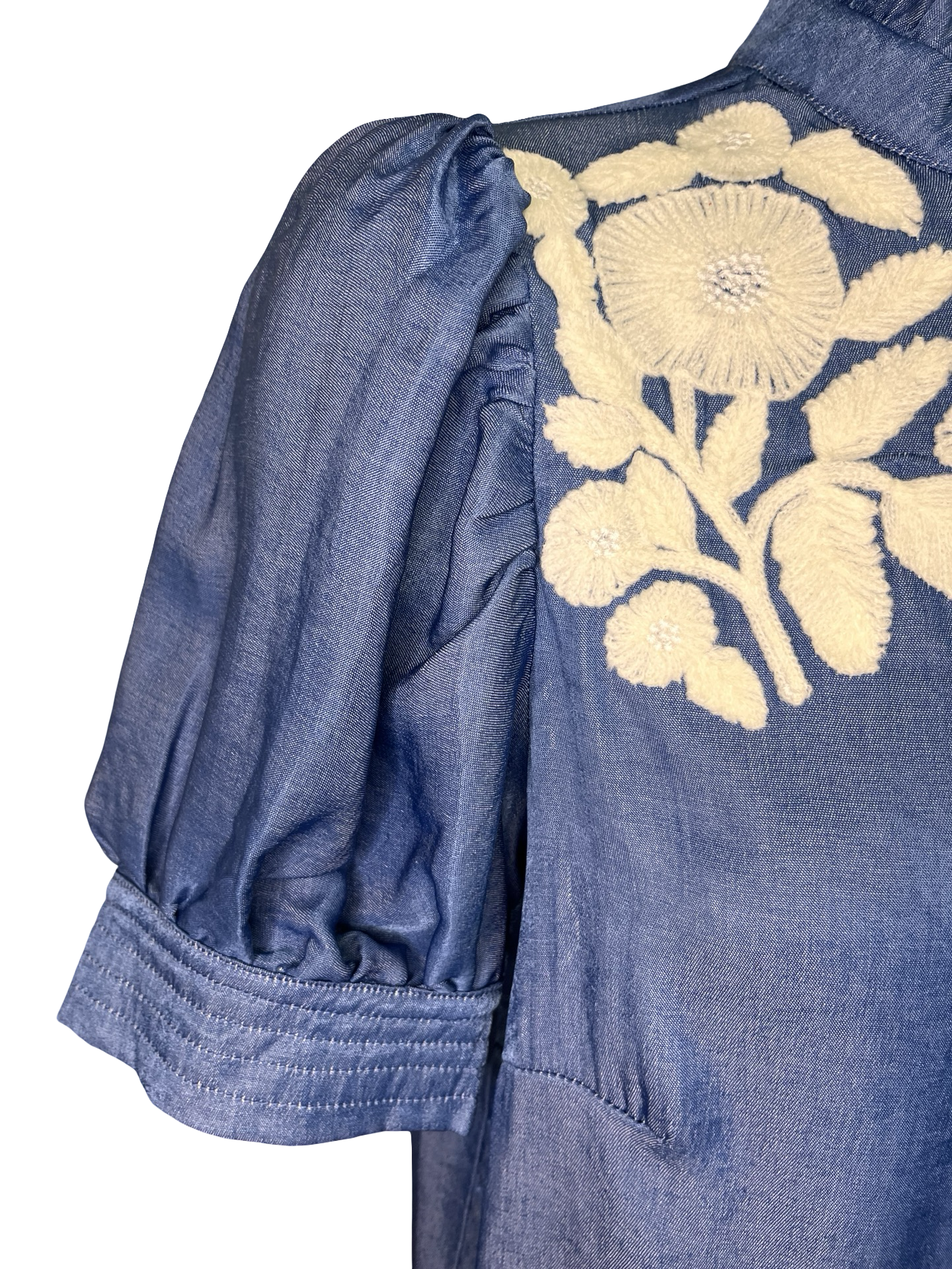 Ruffled Neck Embroidered Top Blue
