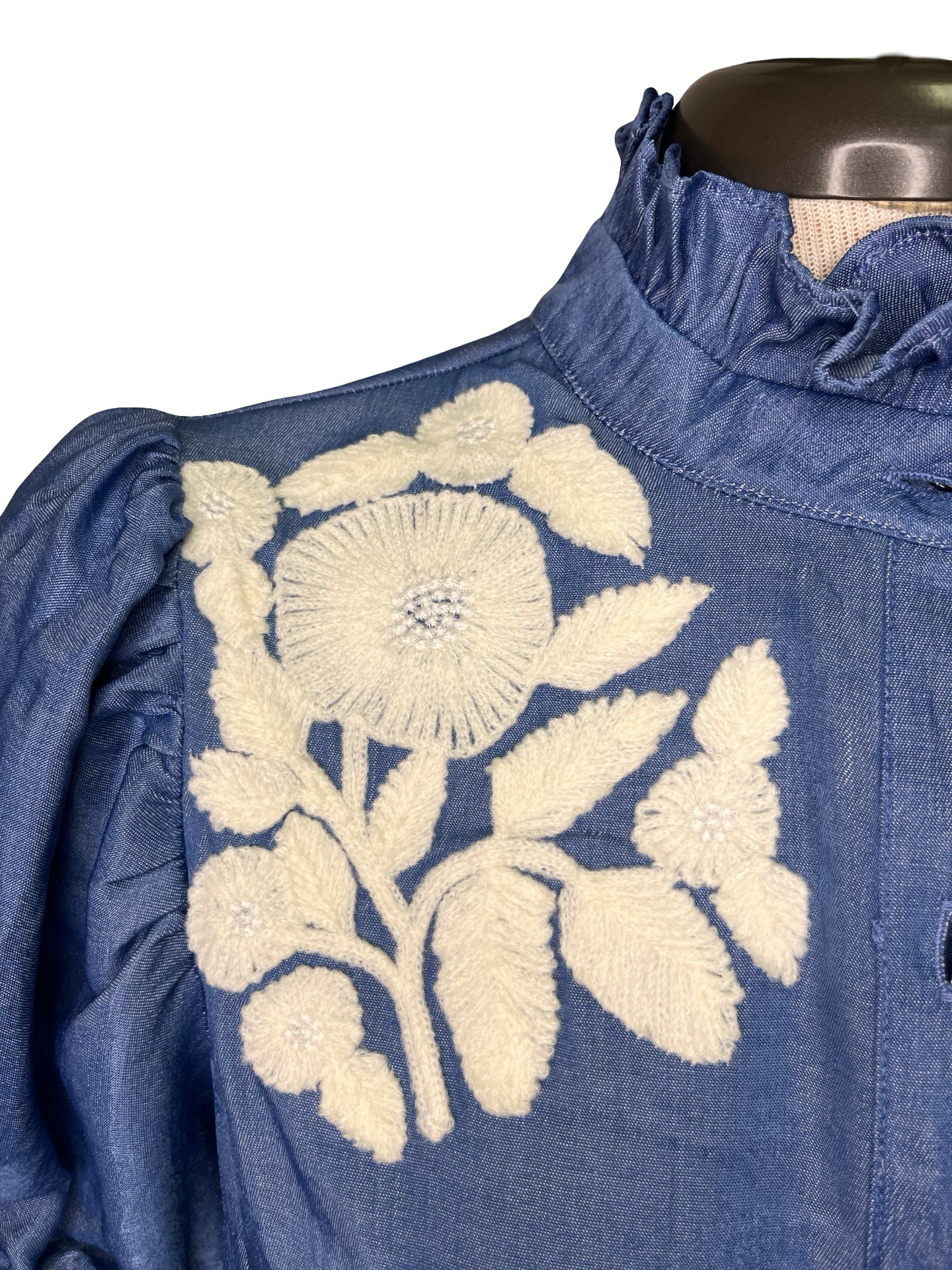 Ruffled Neck Embroidered Top Blue