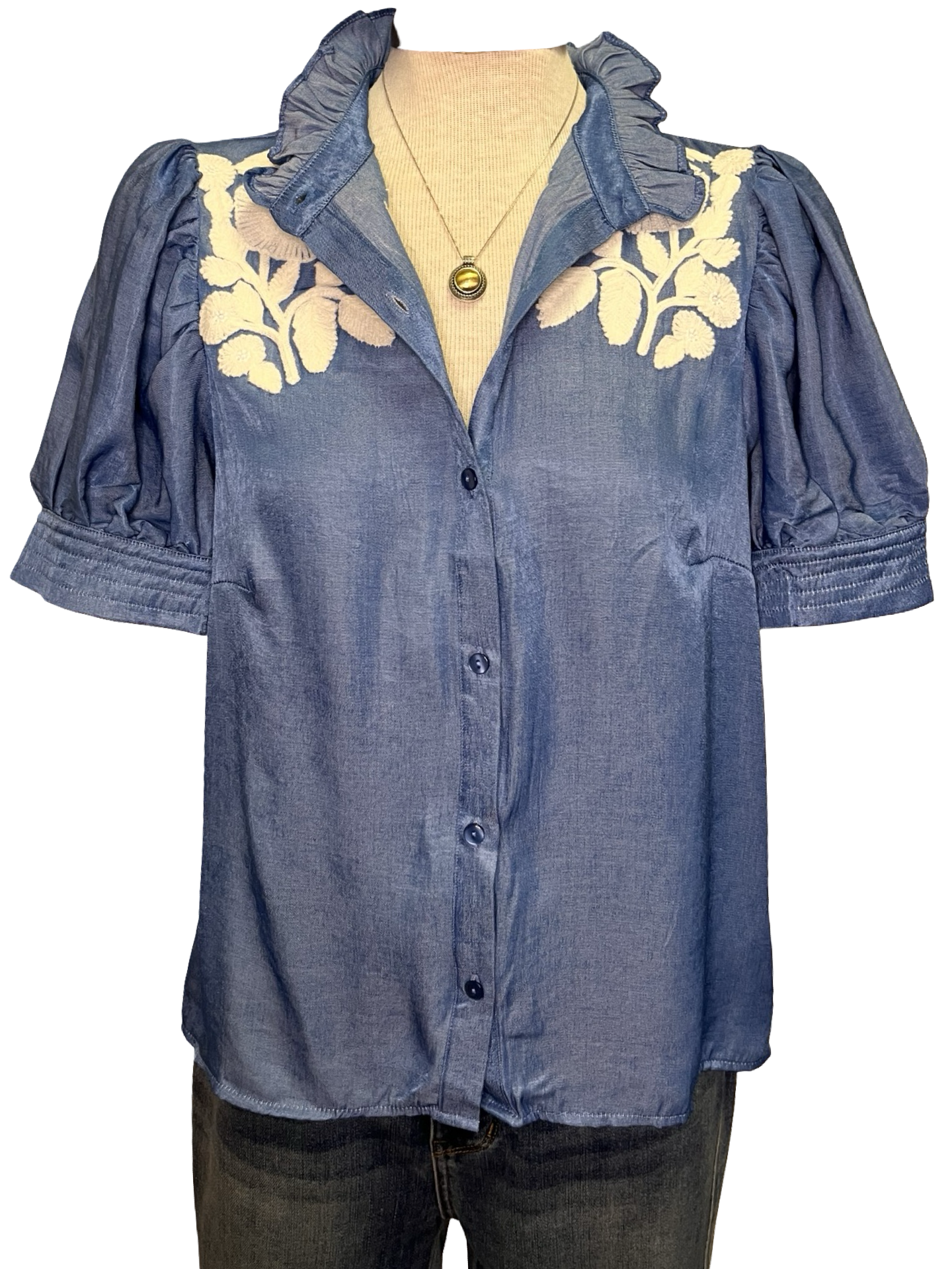 Ruffled Neck Embroidered Top Blue