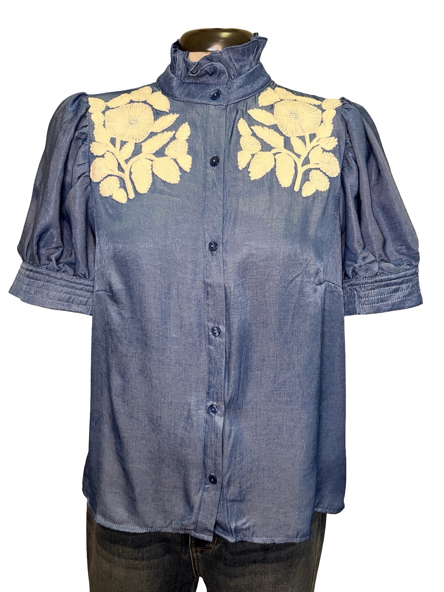 Ruffled Neck Embroidered Top Blue
