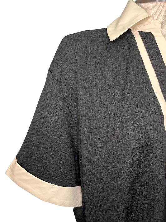Collar V Neck Short Sleeve Top Black