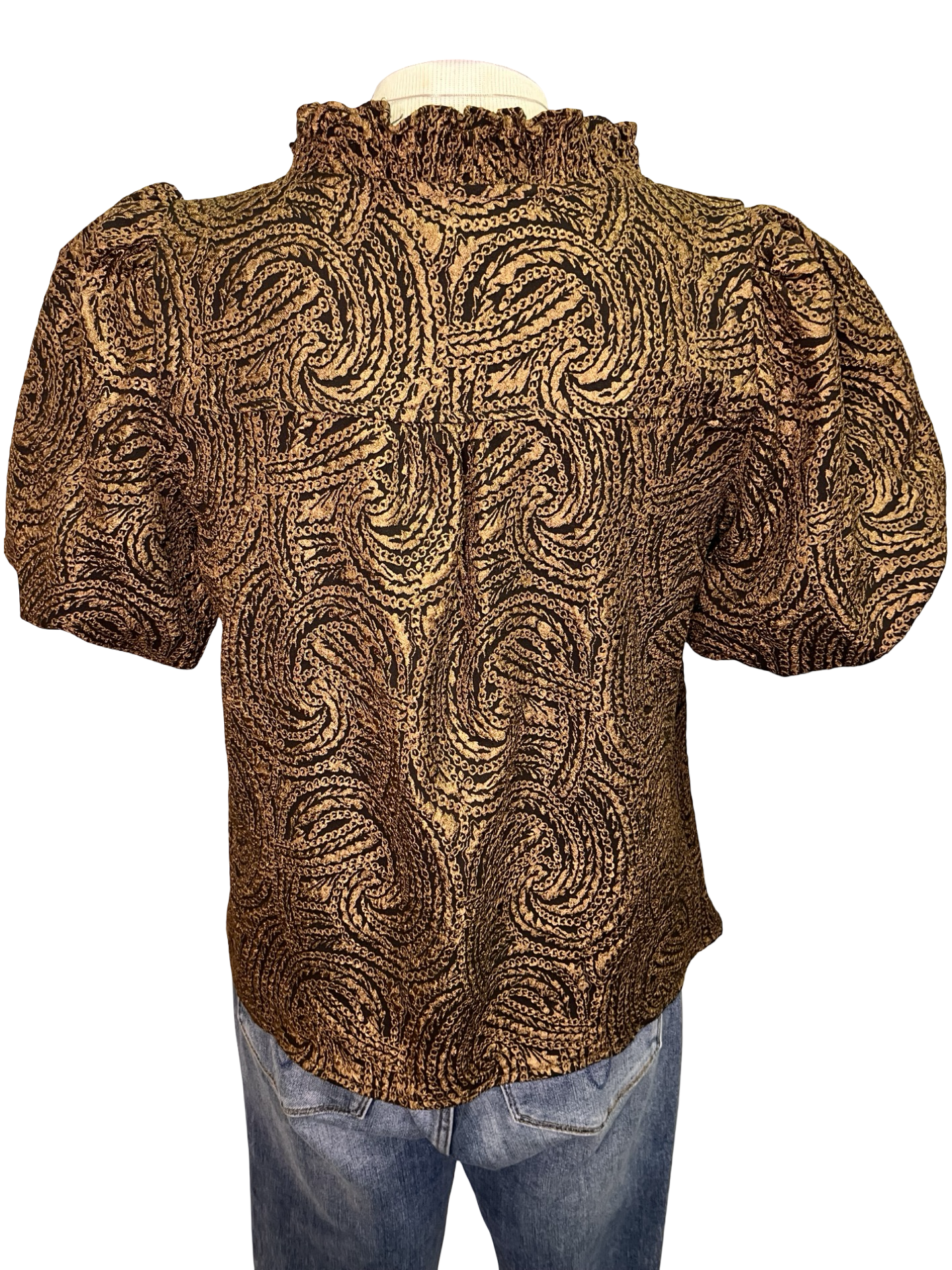 Smocked V Neck Jacquard Top Brown