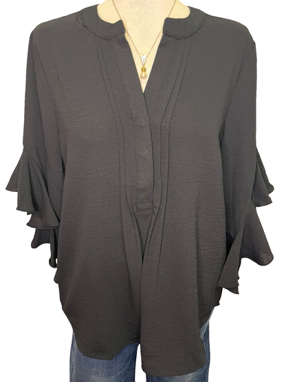 Bell Sleeve Pleated Detail Top Black
