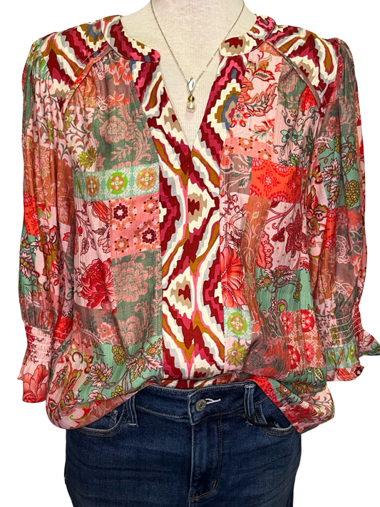 Detailed Mixed Print Top Coral