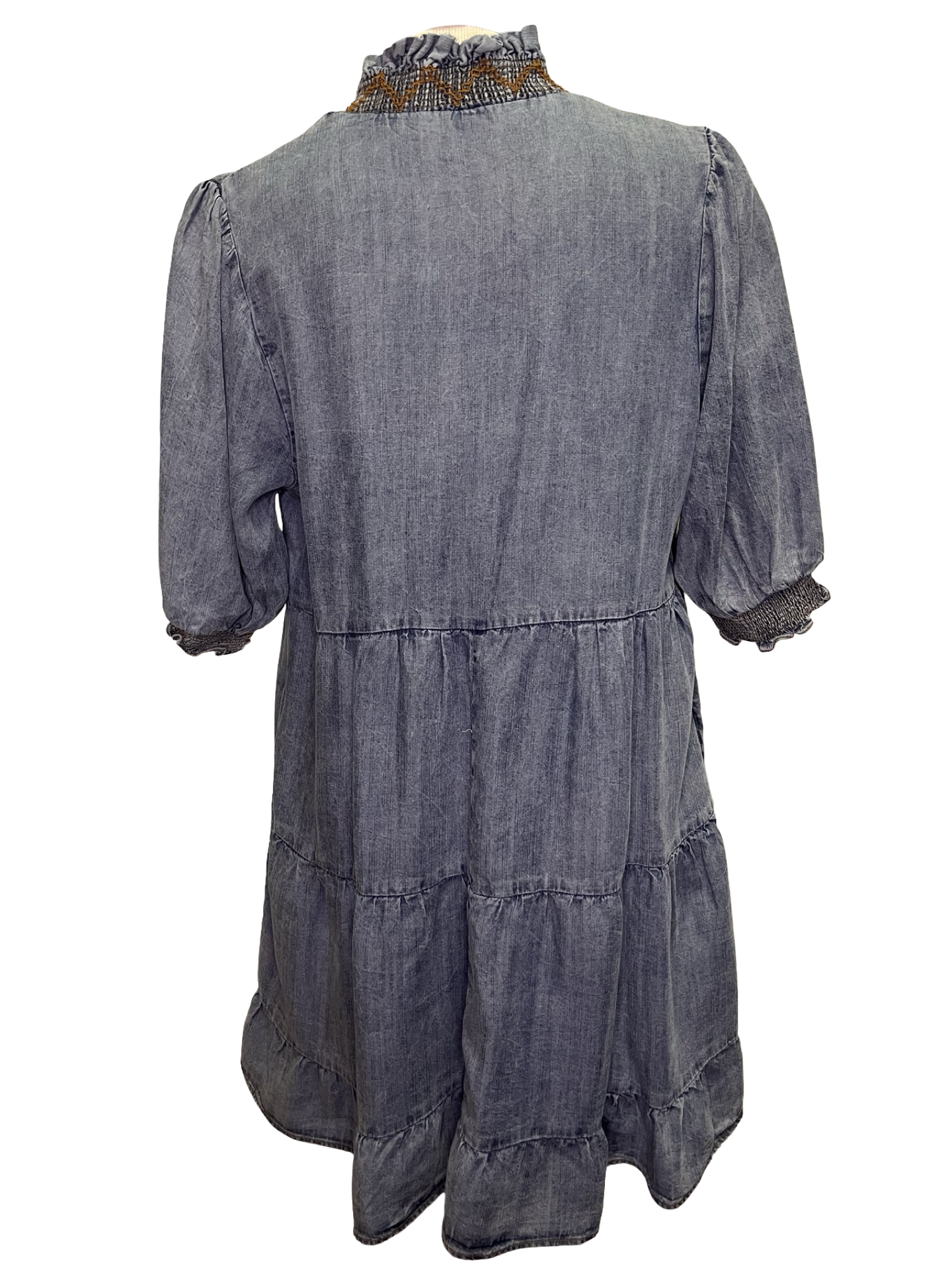 Tiered Skirt Short Sleeve Washed Denim Dress