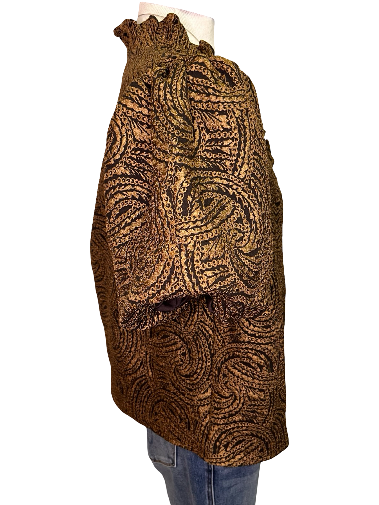 Smocked V Neck Jacquard Top Brown