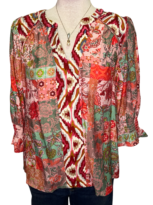 Detailed Mixed Print Top Coral