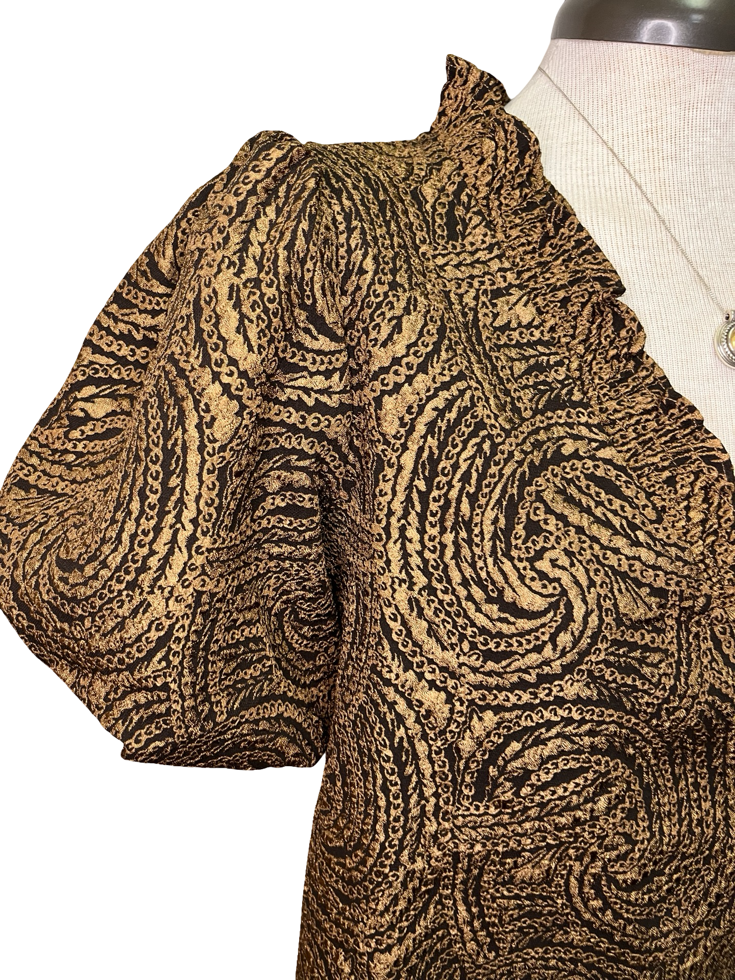 Smocked V Neck Jacquard Top Brown