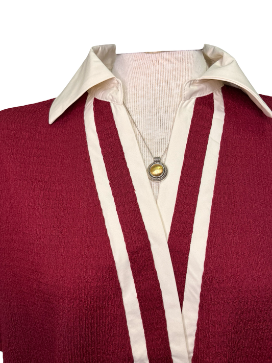 Collar V Neck Short Sleeve Top Wine