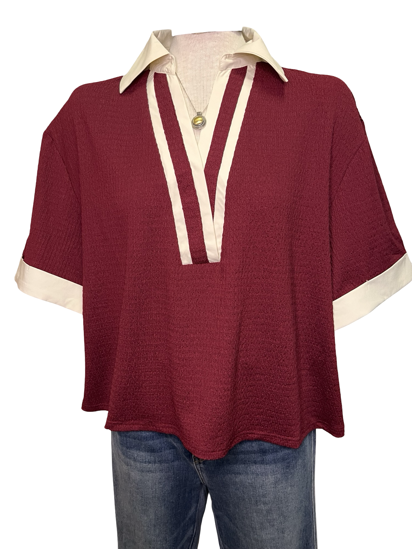 Collar V Neck Short Sleeve Top Wine