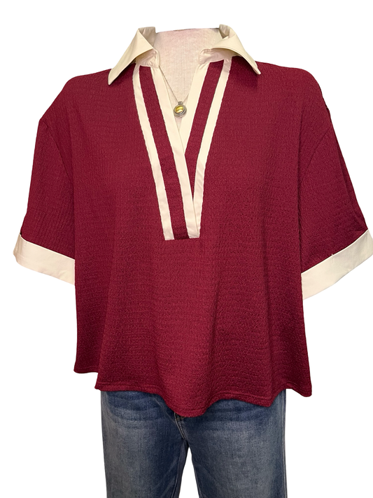 Collar V Neck Short Sleeve Top Wine