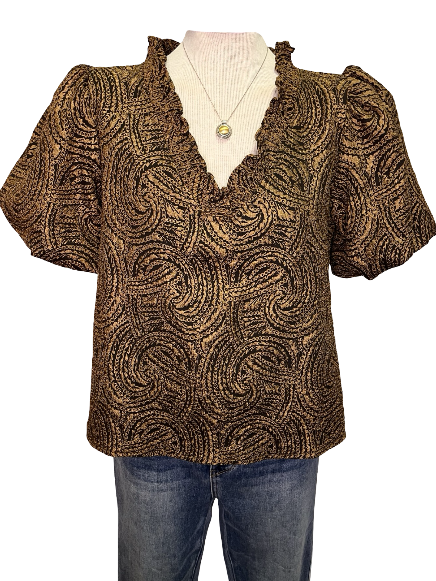 Smocked V Neck Jacquard Top Brown