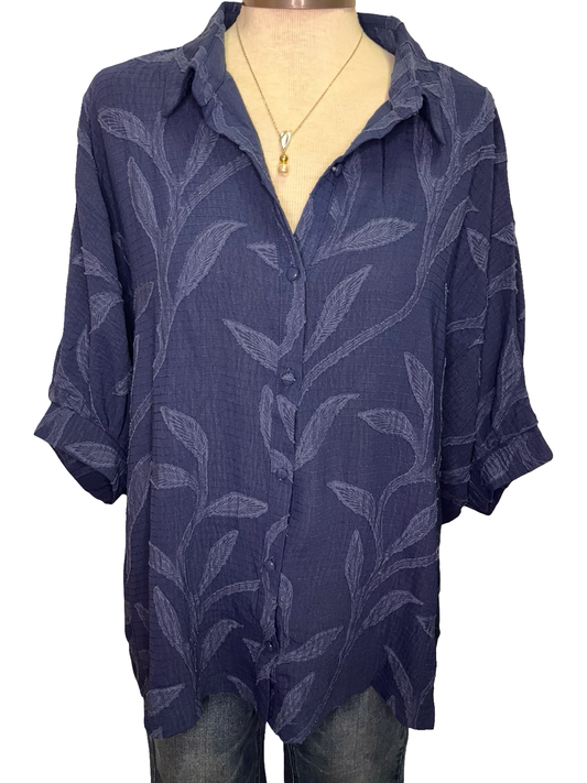 Textured Leaf Button Down Blouse Navy