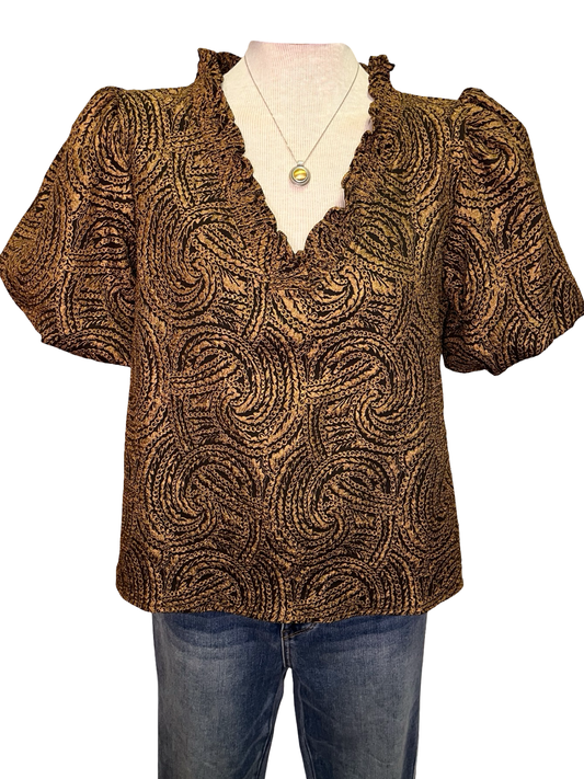 Smocked V Neck Jacquard Top Brown