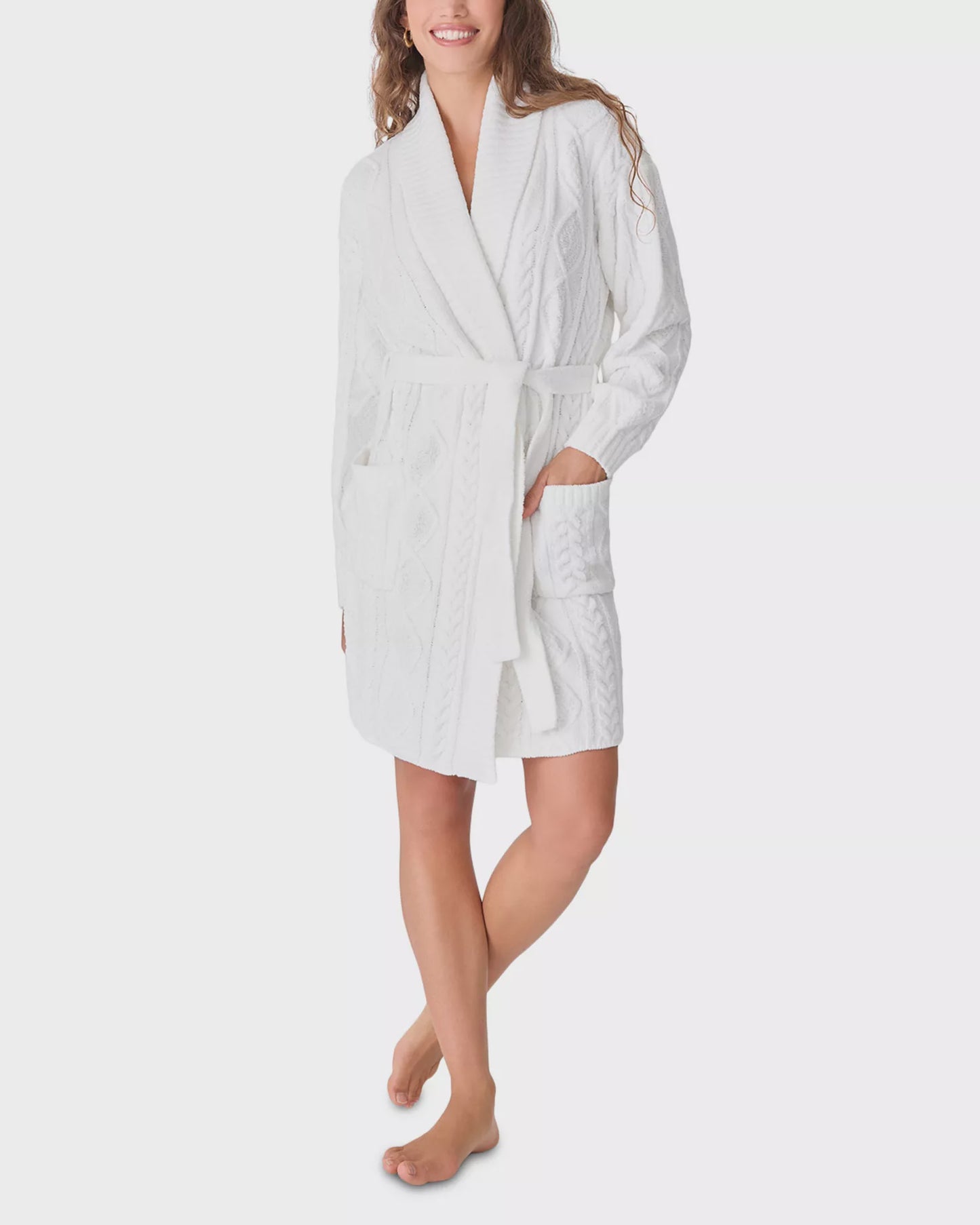 Chenille Cozy Cable Shawl Collar Robe Ivory