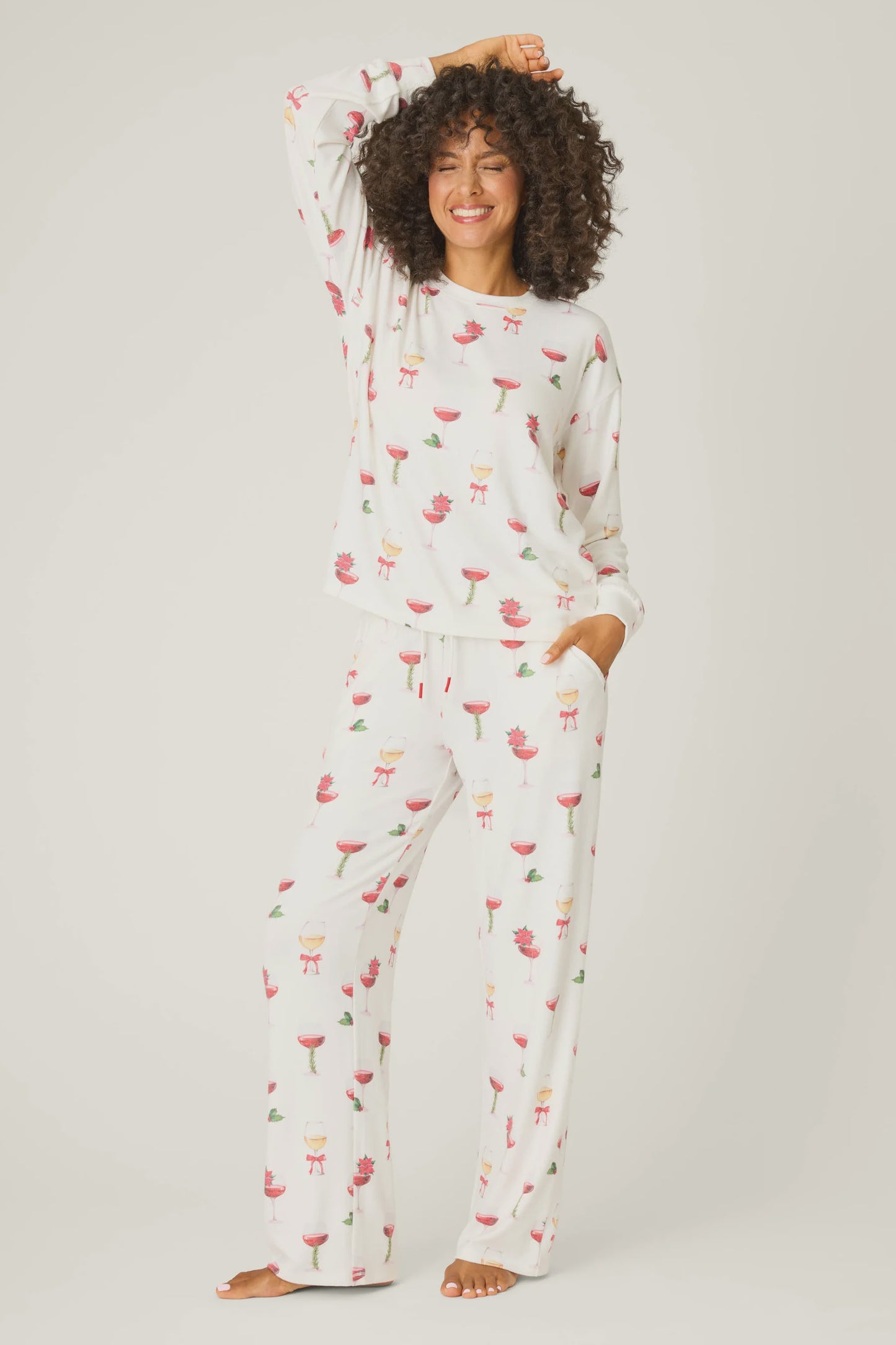Let's Get Toasty Holiday Wine Print Pants PJ Set