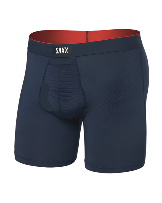 Navy men's underwear with red waistband on a white background