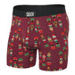 Maroon boxer briefs with nutcracker pattern and Saxx branding on a white background