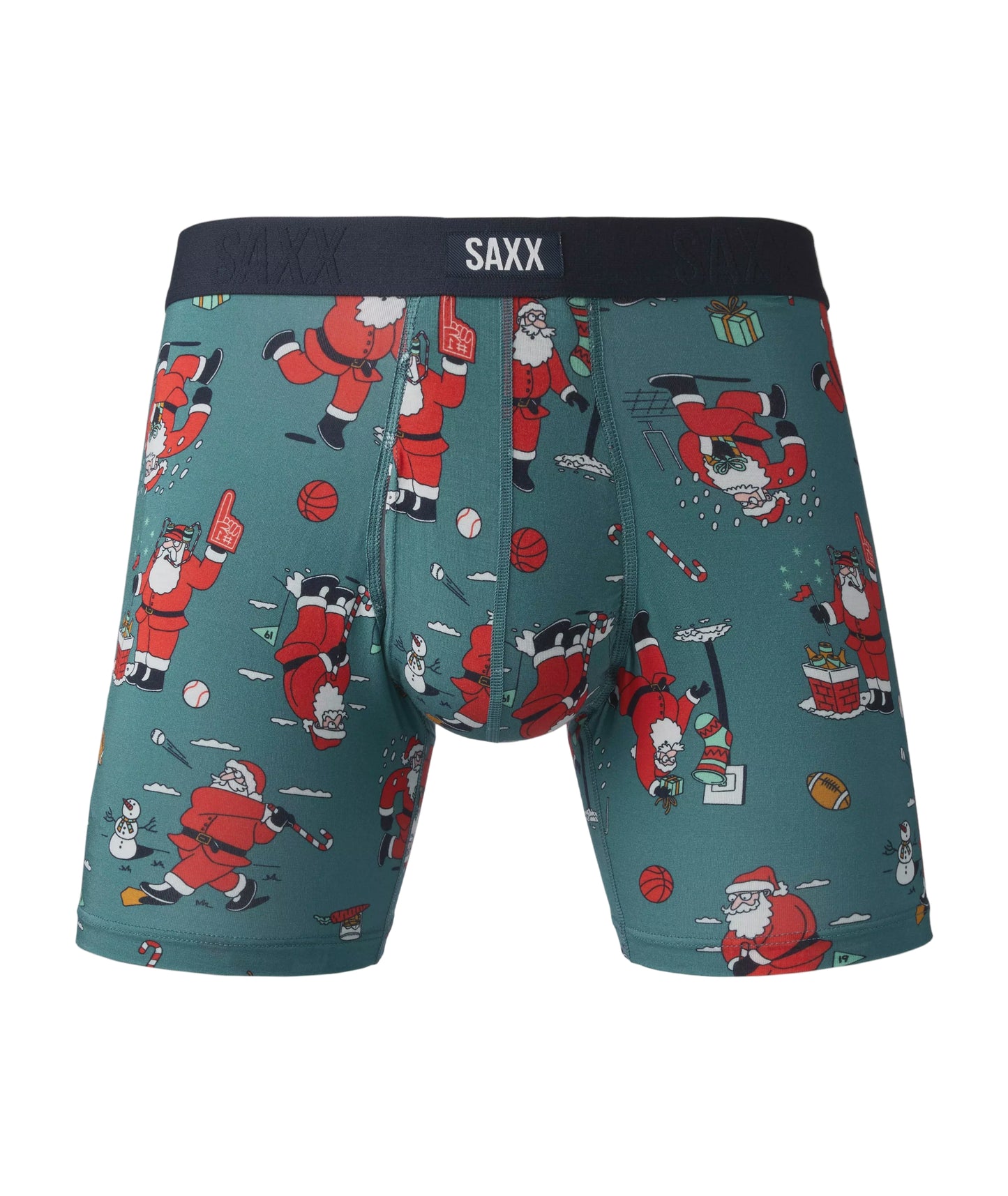 Teal boxer briefs with Santa Claus pattern and SAXX branding on a white background