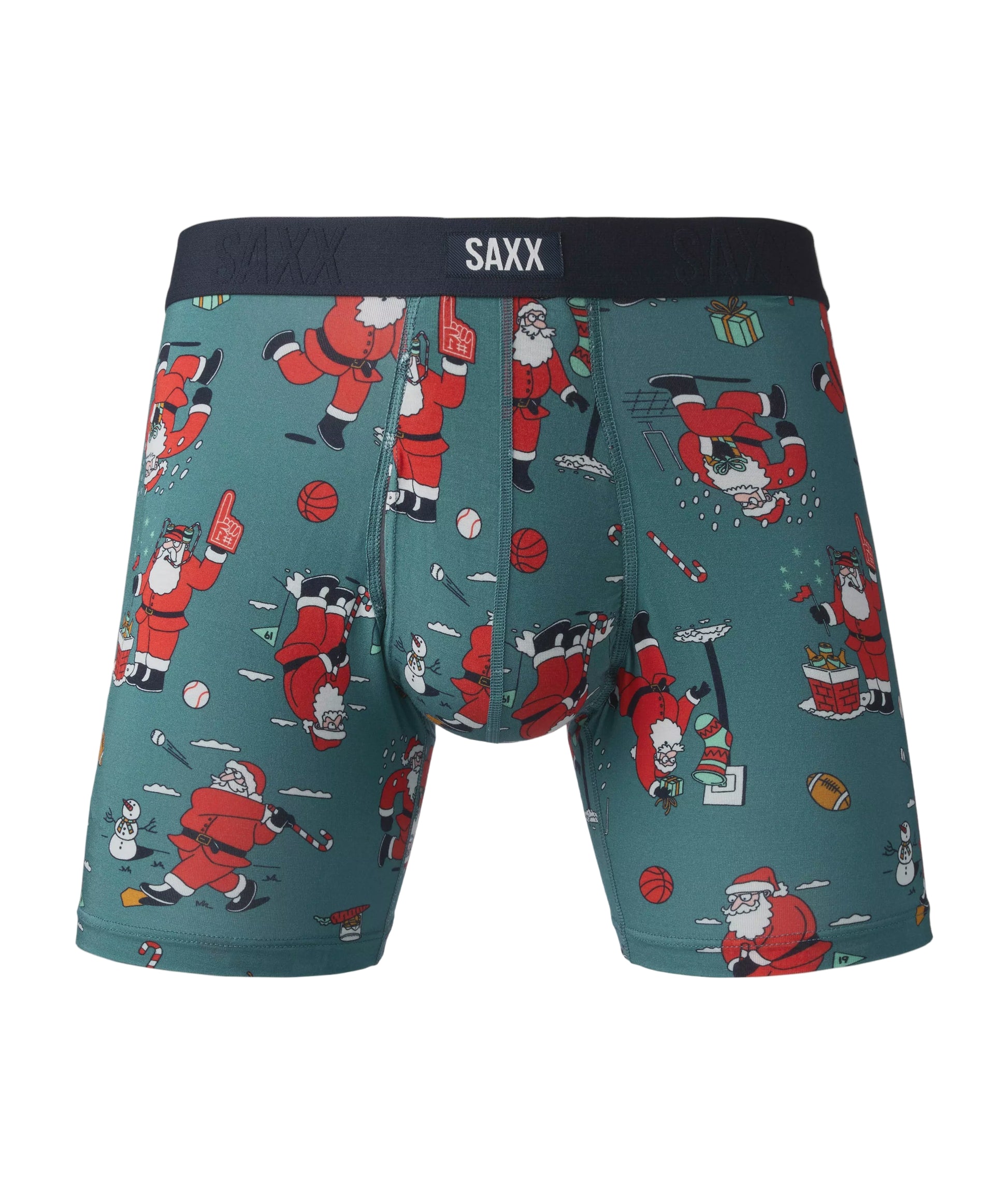 Teal boxer briefs with Santa Claus pattern and SAXX branding on a white background