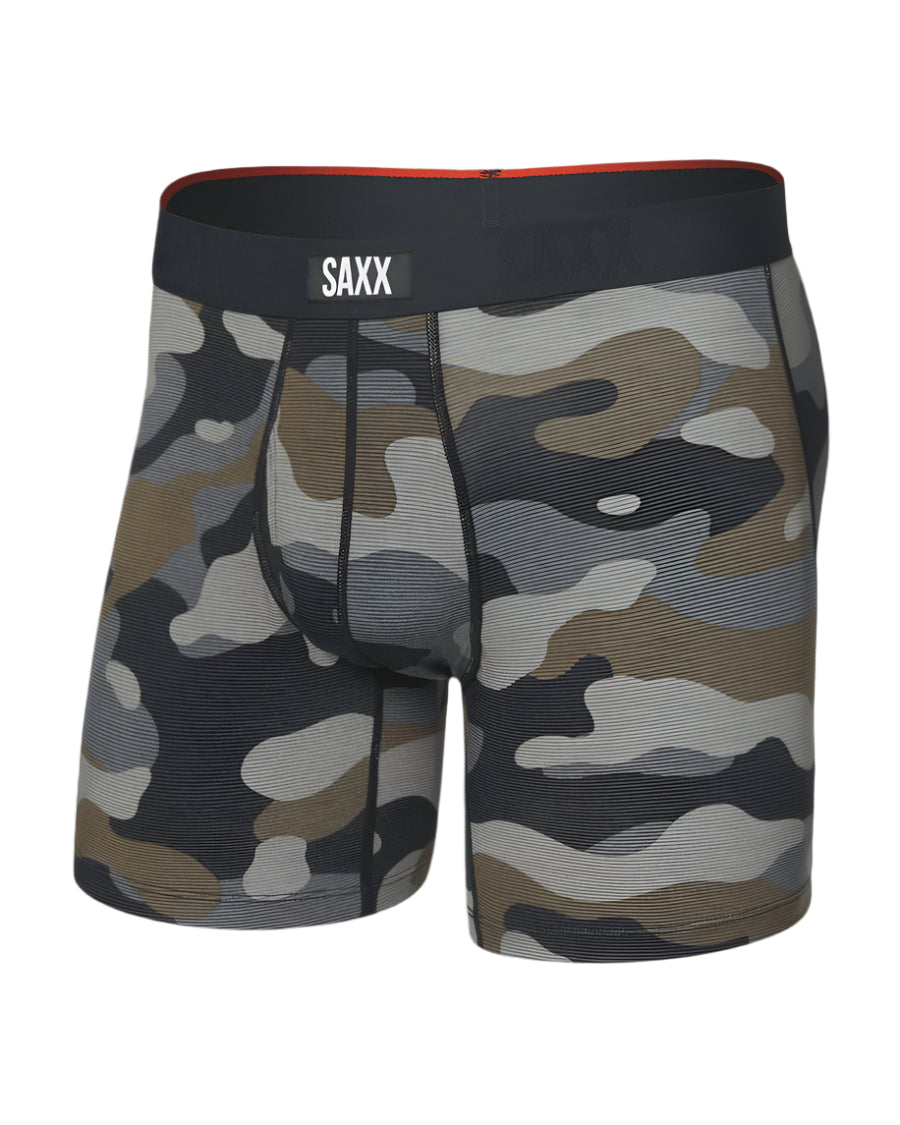 Camouflage boxer briefs with 'SAXX' branding on a white background