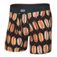 Boxer briefs with hot dog pattern on a white background, featuring the brand 'SAXX'.