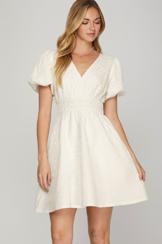 Puff Sleeve Jaquard Mini Dress Off White
