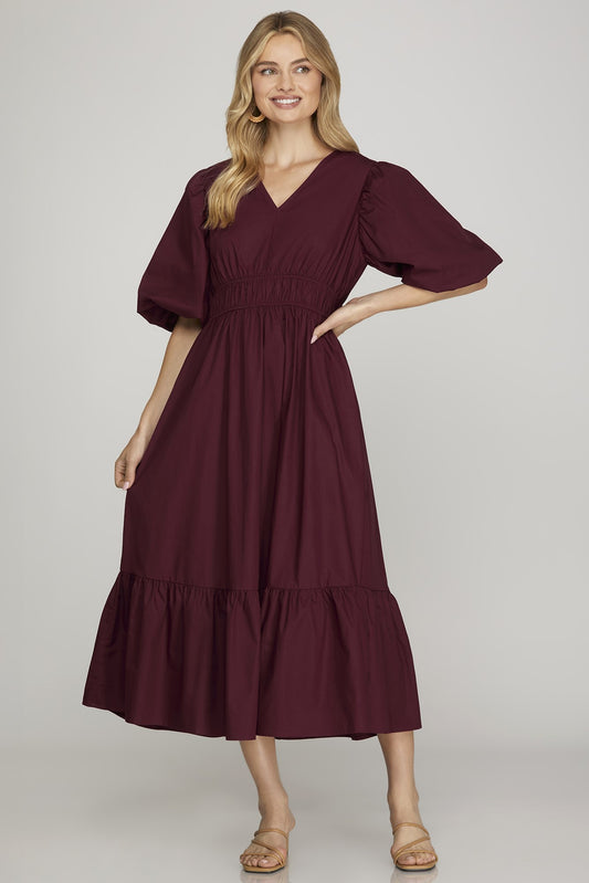 Bubble Sleeve Midi Dress Wine