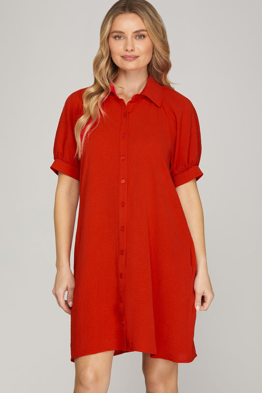 Short Sleeve Button Down Mini Dress Red