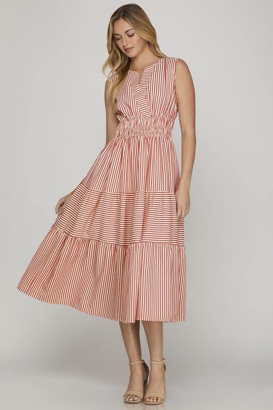 Striped Tiered Midi Dress with Pockets Red