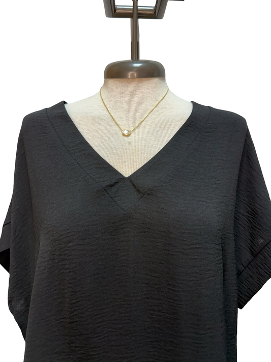 Solid V Neck Short Sleeve Blouse Black
