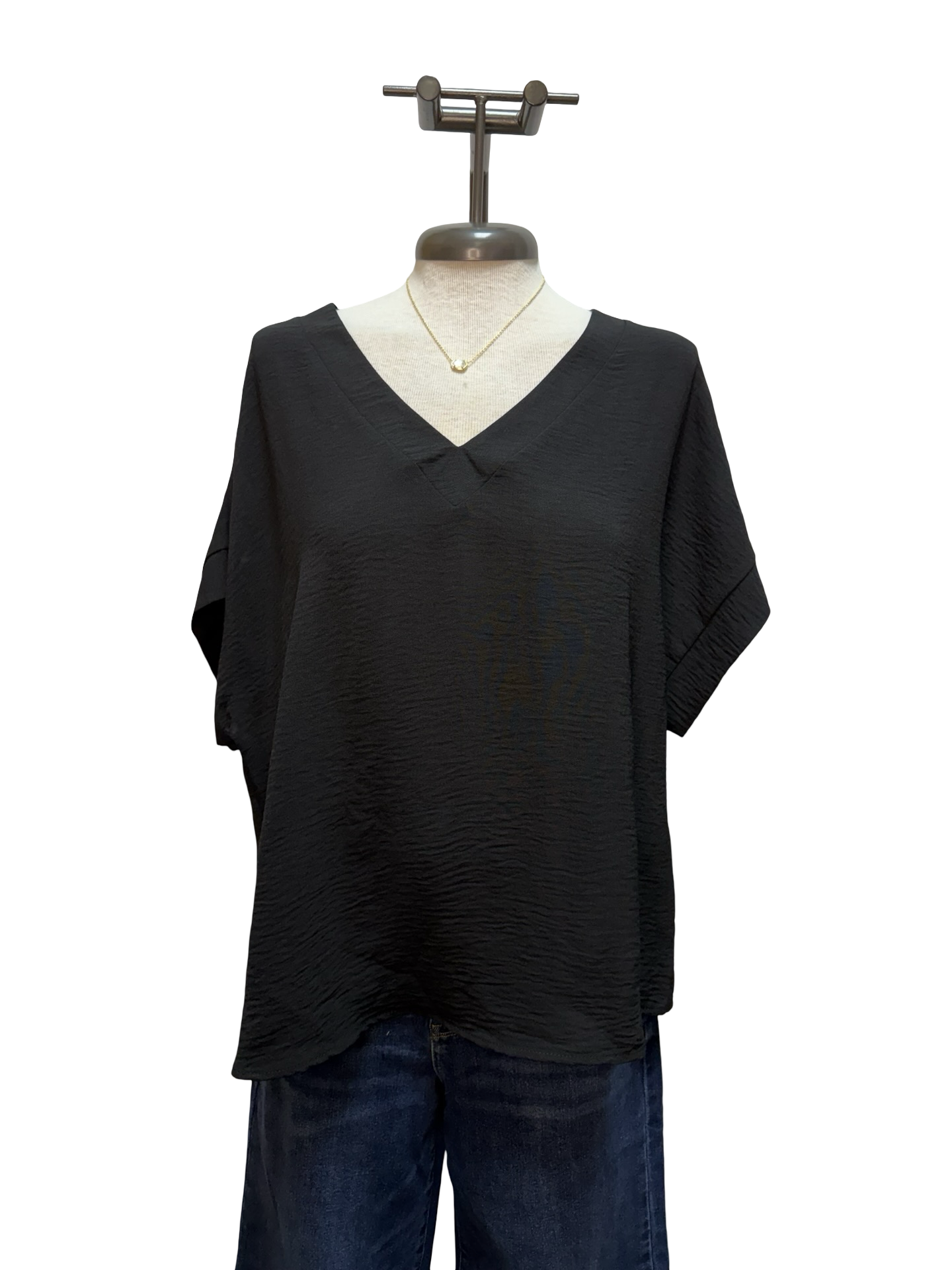 Solid V Neck Short Sleeve Blouse Black