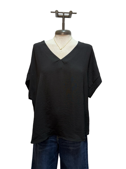 Solid V Neck Short Sleeve Blouse Black