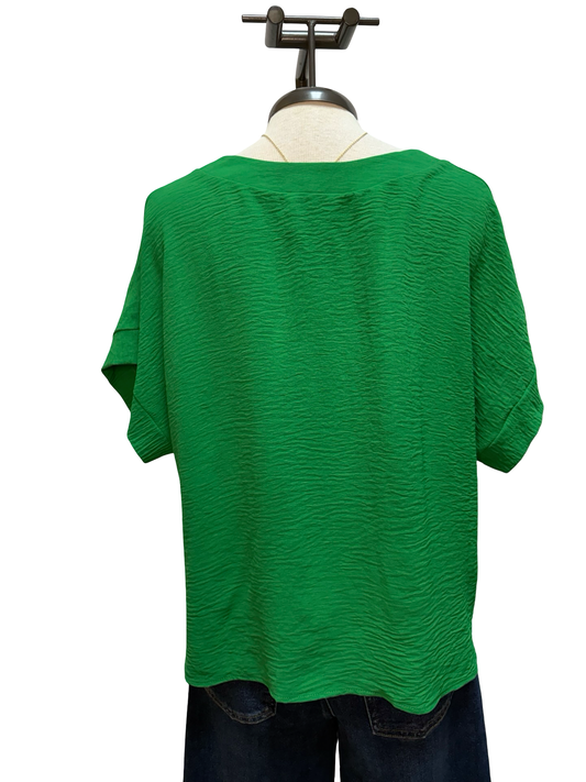 Solid V Neck Short Sleeve Blouse Green