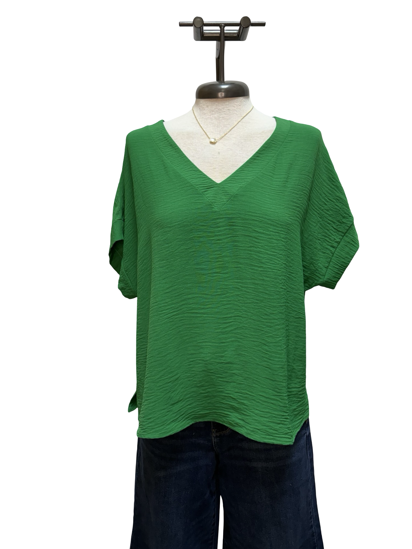 Solid V Neck Short Sleeve Blouse Green
