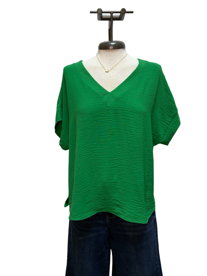 Solid V Neck Short Sleeve Blouse Green