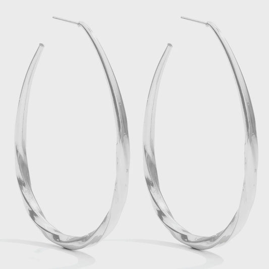 Twisted Long Statement Hoop Earrings Silver