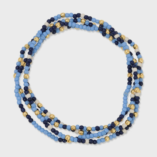 Seed Bead Stretch Game Day Bracelet 2mm Navy/Lt Blue/White/Gold