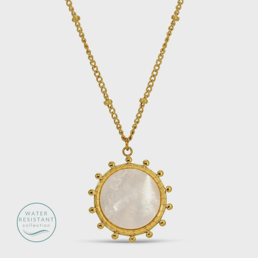Round Accented Pendant with Shell Center Water Resistant Necklace