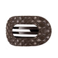 Brown quilted hair clip with a brand logo on a white background
