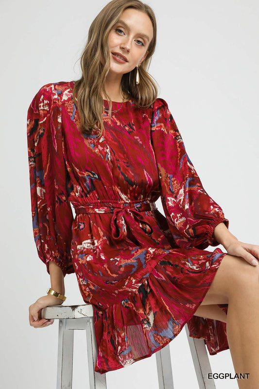 Abstract Print Belted Mini Dress