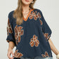 Floral Embroidered V Neck Relaxed Top Denim