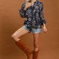 Floral Print Long Sleeve Blouse Navy