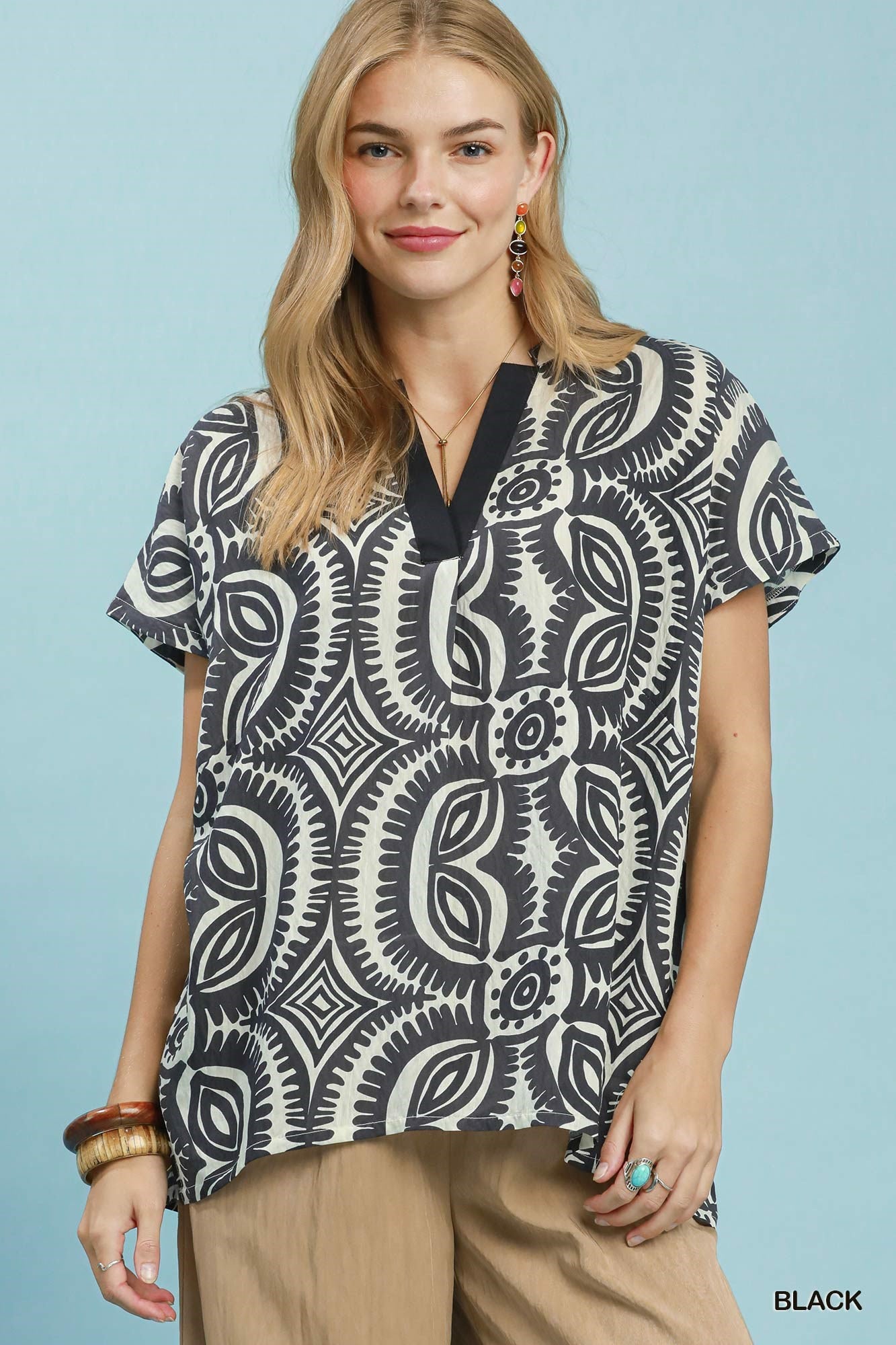Geometric Print V Neck Top Black