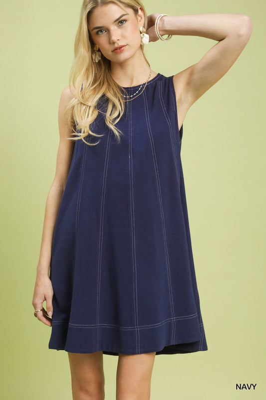 Sleeveless Contrast Stitch Mini Dress Navy
