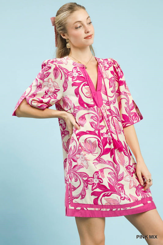 Mix Floral Tassel Mini Dress Pink Mix