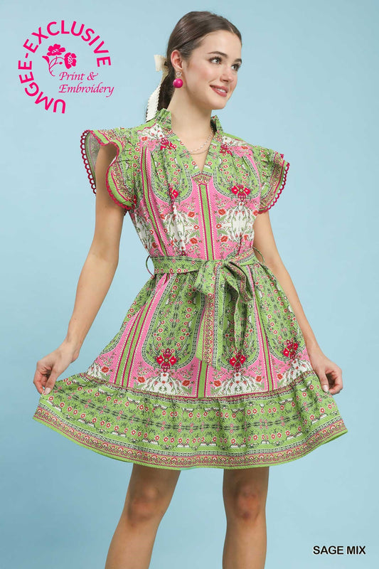Mixed Print Ruffle Sleeve Dress Sage Mix
